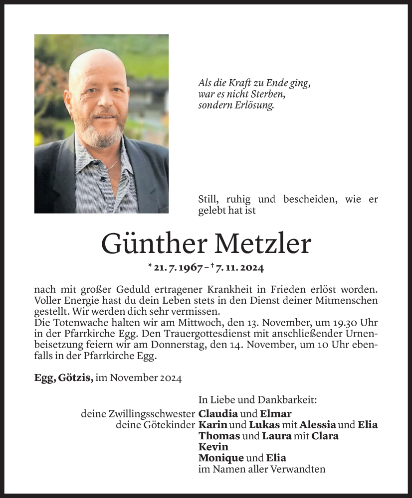  Todesanzeige für Günther Metzler vom 11.11.2024 aus Vorarlberger Nachrichten