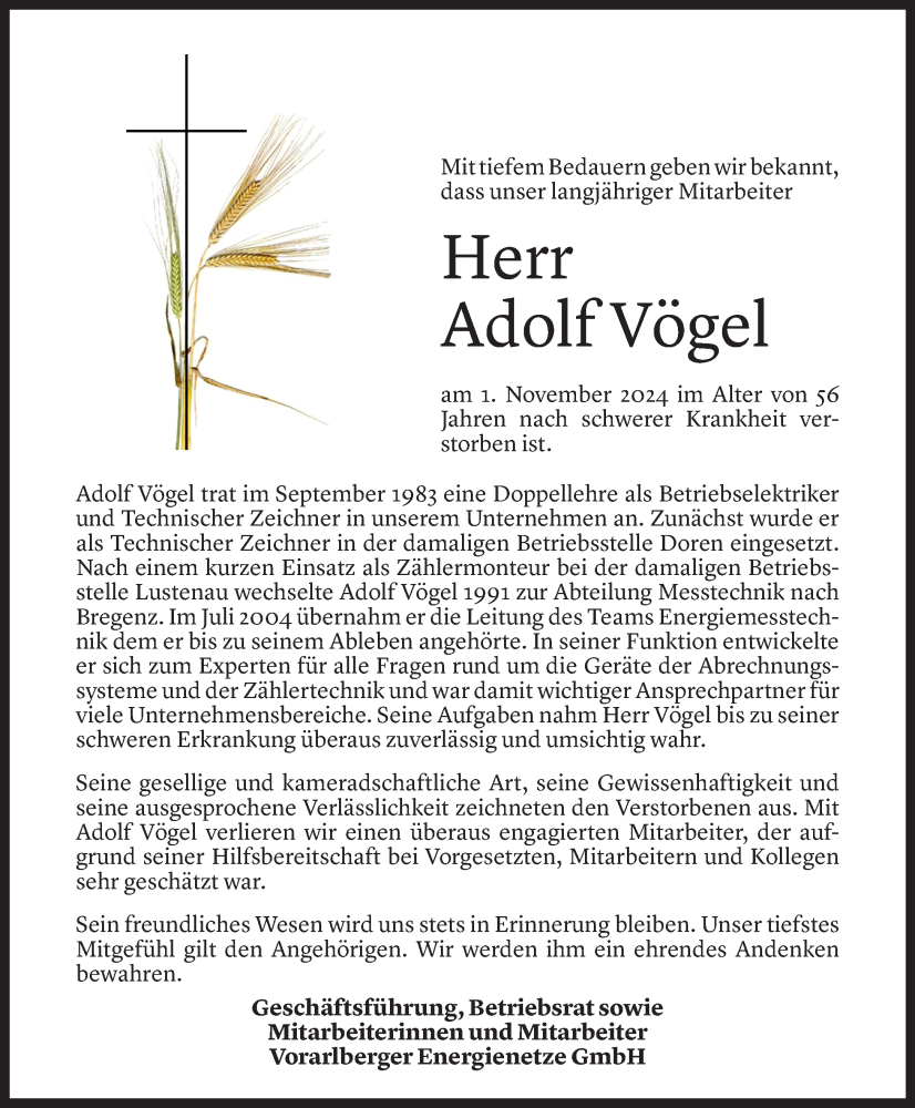  Todesanzeige für Adolf Vögel vom 04.11.2024 aus Vorarlberger Nachrichten