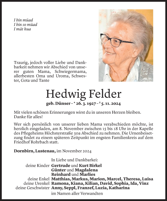 Todesanzeige von Hedwig Felder von Vorarlberger Nachrichten