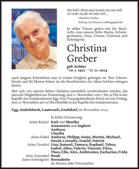 Todesanzeige von Christina Greber von Vorarlberger Nachrichten