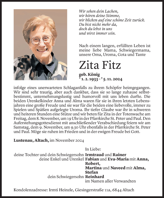 Todesanzeige von Zita Fitz von Vorarlberger Nachrichten