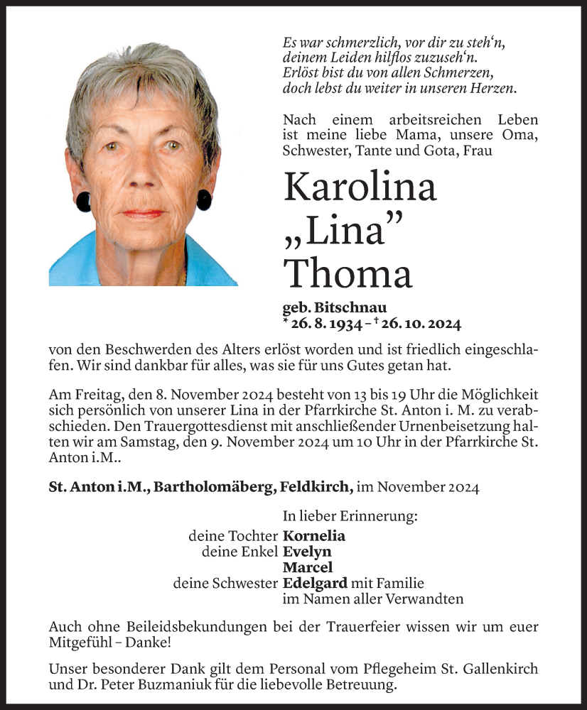  Todesanzeige für Karolina Thoma vom 06.11.2024 aus Vorarlberger Nachrichten