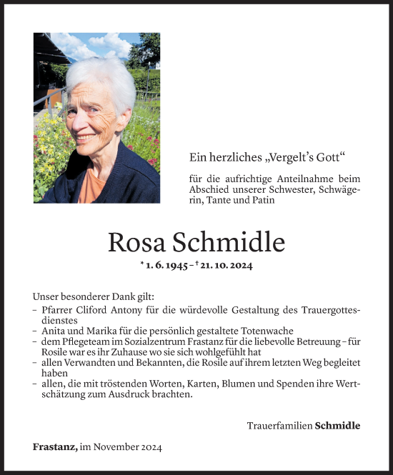 Todesanzeige von Rosa Schmidle von Vorarlberger Nachrichten