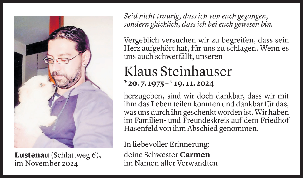  Todesanzeige für Klaus Steinhauser vom 27.11.2024 aus Vorarlberger Nachrichten