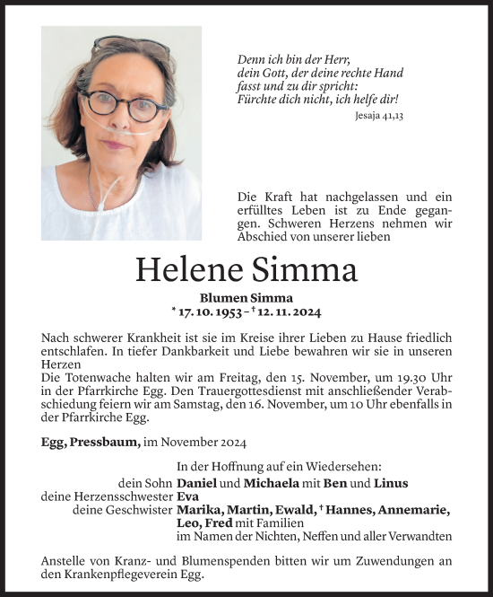 Todesanzeige von Helene Simma von Vorarlberger Nachrichten