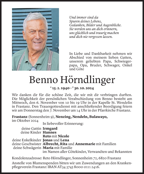 Todesanzeige von Benno Hörndlinger von Vorarlberger Nachrichten