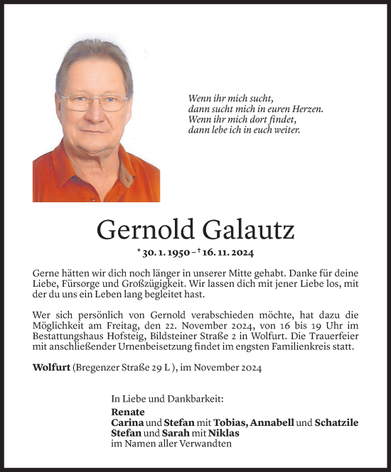 Todesanzeige von Gernold Galautz von Vorarlberger Nachrichten