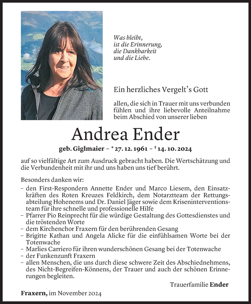  Todesanzeige für Andrea Ender vom 25.11.2024 aus Vorarlberger Nachrichten