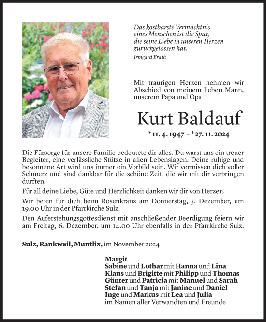 Todesanzeige von Kurt Baldauf von Vorarlberger Nachrichten