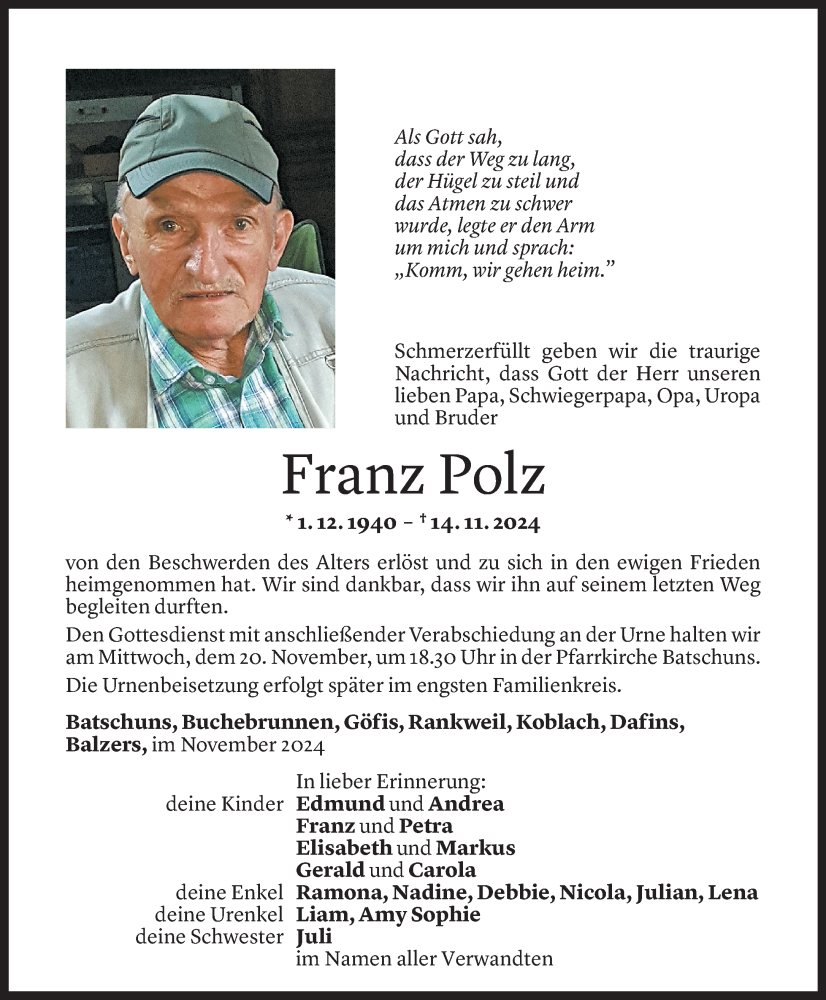  Todesanzeige für Franz Polz vom 17.11.2024 aus Vorarlberger Nachrichten