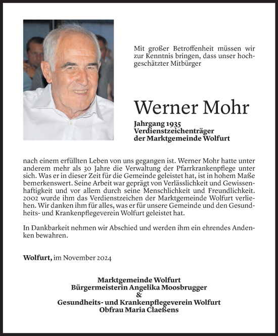 Todesanzeige von Werner Mohr von Vorarlberger Nachrichten