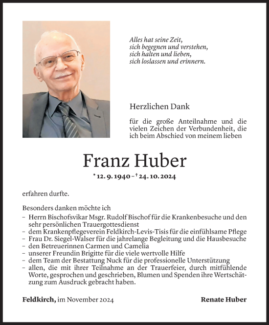 Todesanzeige von Franz Huber von Vorarlberger Nachrichten