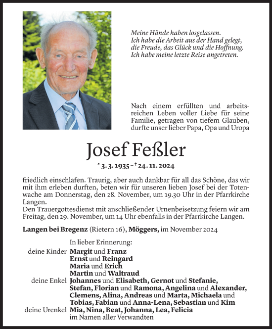 Todesanzeige von Josef Feßler von Vorarlberger Nachrichten