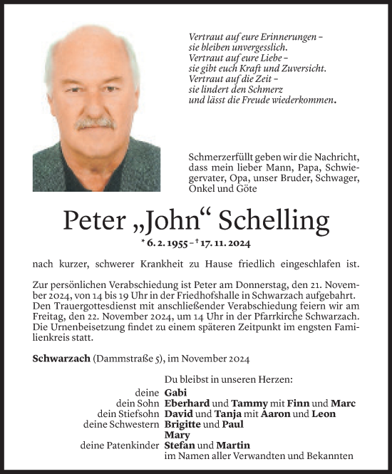 Todesanzeige von Peter Schelling von Vorarlberger Nachrichten