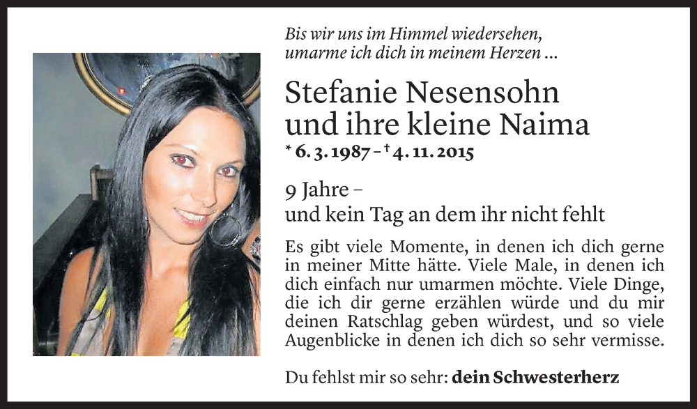  Todesanzeige für Stefanie Nesensohn vom 04.11.2024 aus Vorarlberger Nachrichten