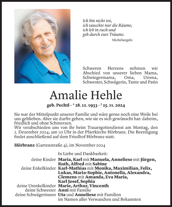 Todesanzeige von Amalie Hehle von Vorarlberger Nachrichten