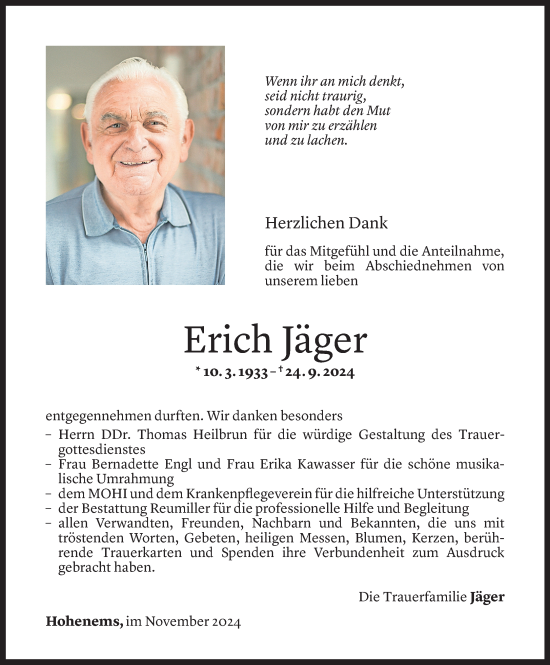 Todesanzeige von Erich Jäger von Vorarlberger Nachrichten