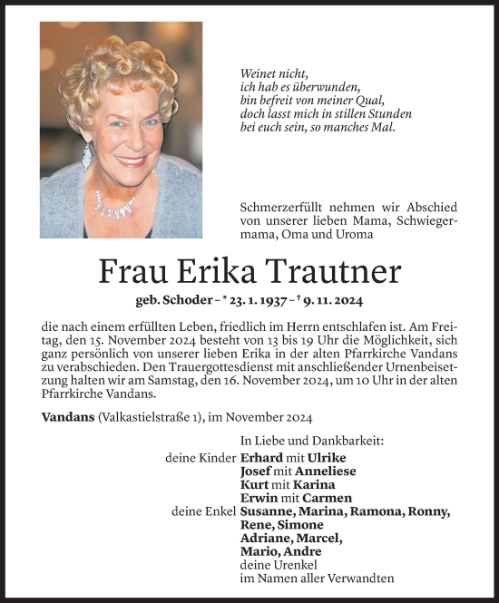 Todesanzeige von Erika Trautner von Vorarlberger Nachrichten