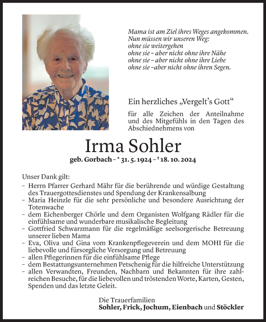 Todesanzeige von Irma Sohler von Vorarlberger Nachrichten