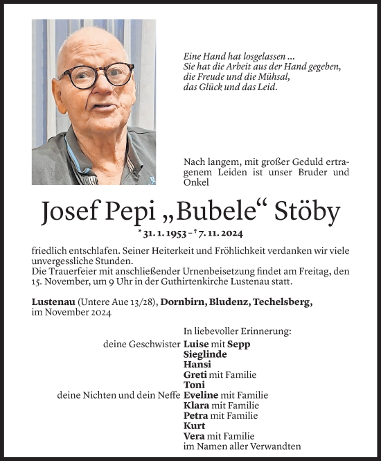 Todesanzeige von Josef Stöby von Vorarlberger Nachrichten