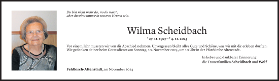 Todesanzeige von Wilma Scheidbach von Vorarlberger Nachrichten