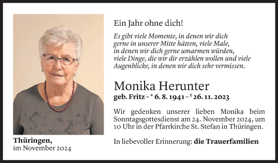 Todesanzeige von Monika Herunter von Vorarlberger Nachrichten