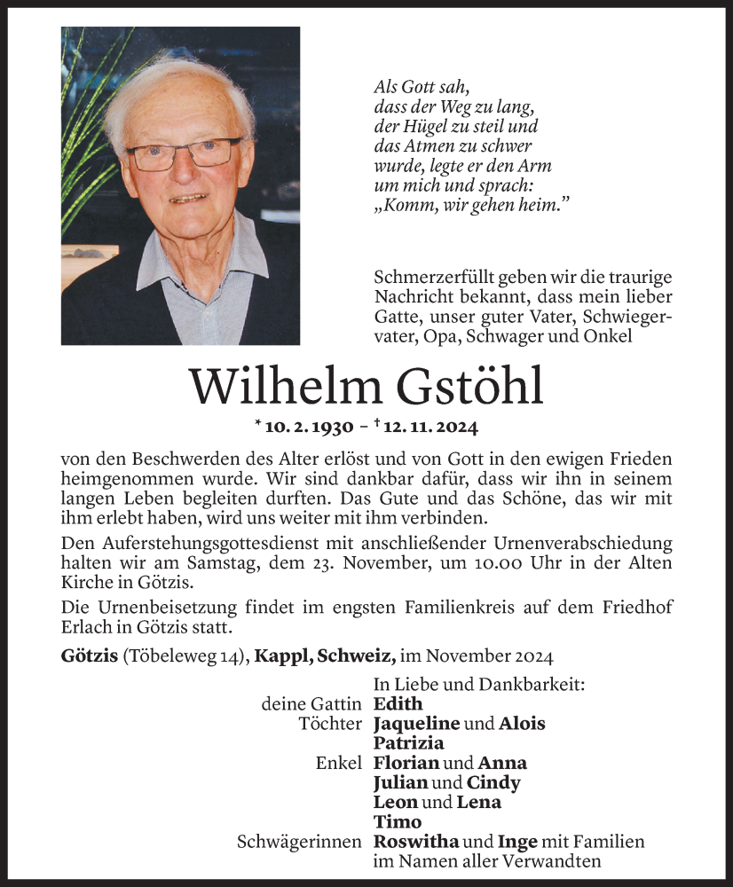  Todesanzeige für Wilhelm Gstöhl vom 15.11.2024 aus Vorarlberger Nachrichten