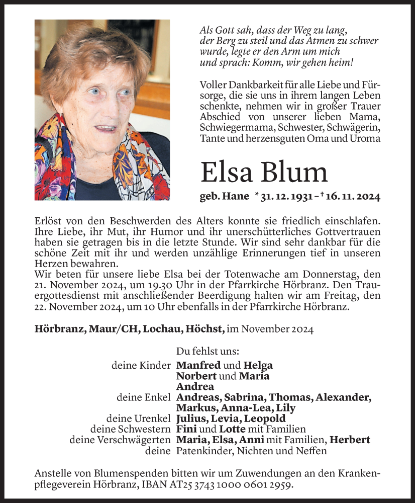  Todesanzeige für Elsa Blum vom 19.11.2024 aus Vorarlberger Nachrichten