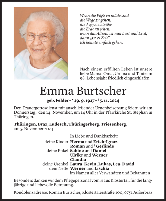 Todesanzeige von Emma Burtscher von Vorarlberger Nachrichten