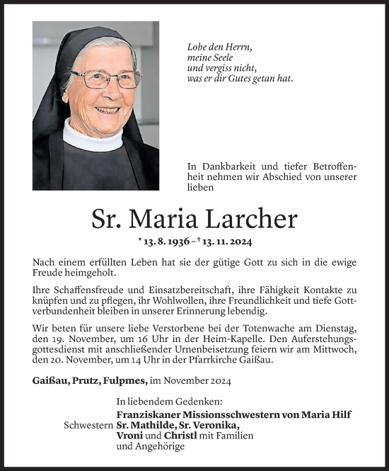 Todesanzeige von Maria Larcher von Vorarlberger Nachrichten