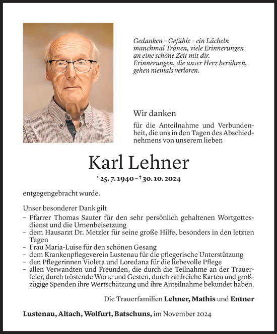 Todesanzeige von Karl Lehner von Vorarlberger Nachrichten