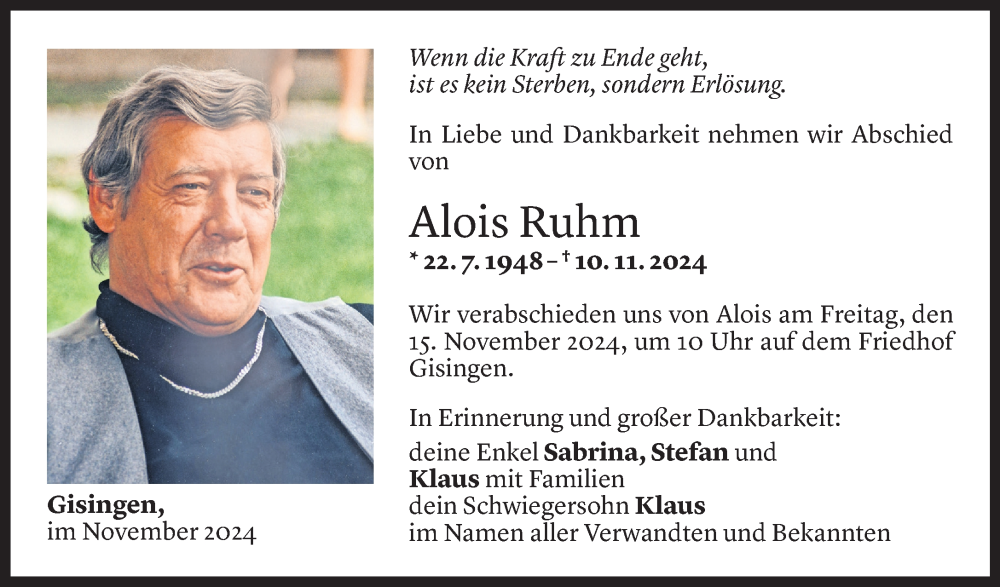  Todesanzeige für Alois Ruhm vom 12.11.2024 aus Vorarlberger Nachrichten