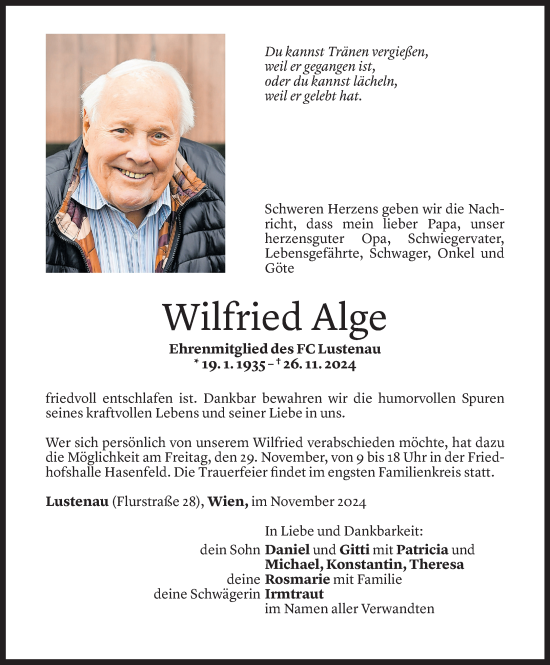 Todesanzeige von Wilfried Alge von Vorarlberger Nachrichten