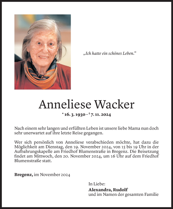 Todesanzeige von Anneliese Wacker von Vorarlberger Nachrichten