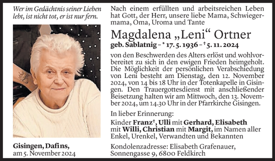 Todesanzeige von Magdalena Ortner von Vorarlberger Nachrichten