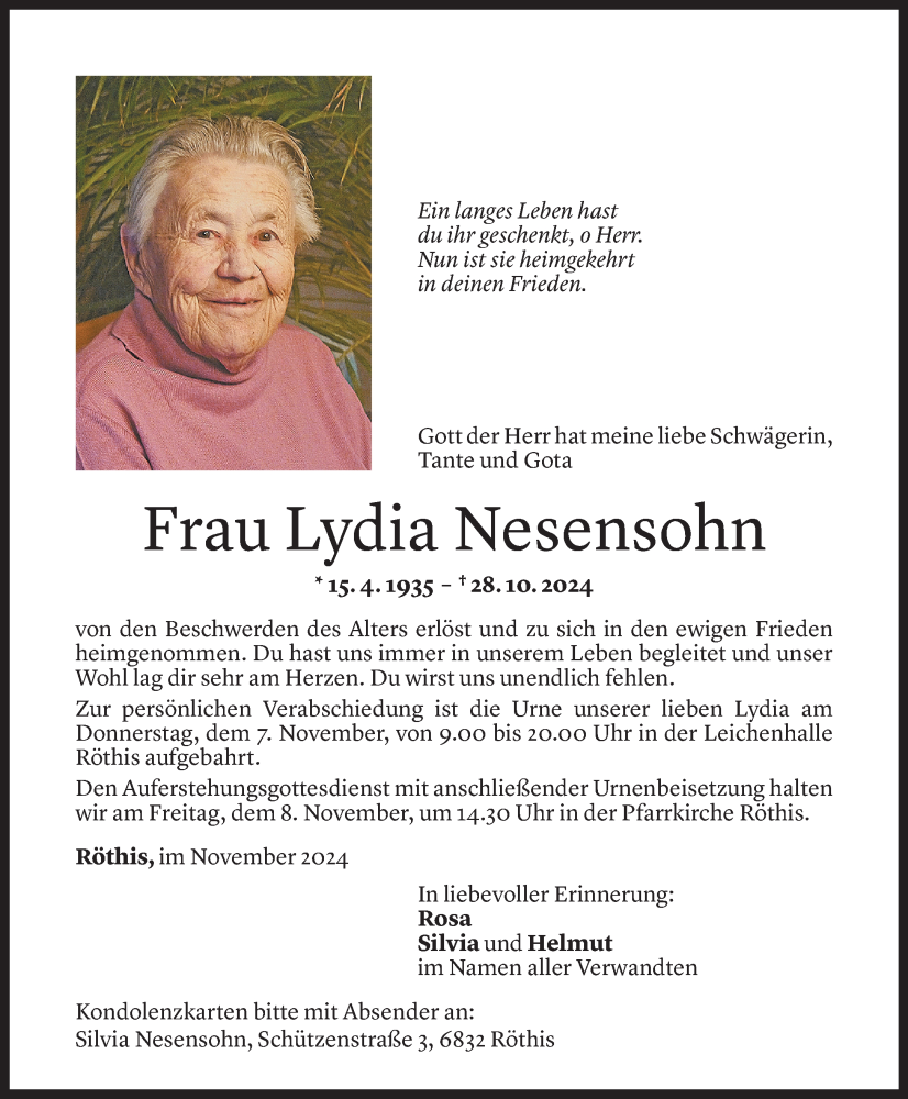  Todesanzeige für Lydia Nesensohn vom 05.11.2024 aus Vorarlberger Nachrichten