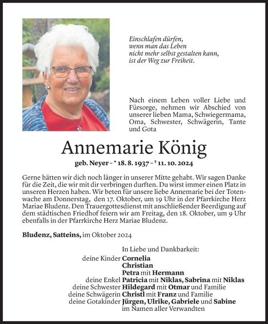 Todesanzeige von Annemarie König von Vorarlberger Nachrichten