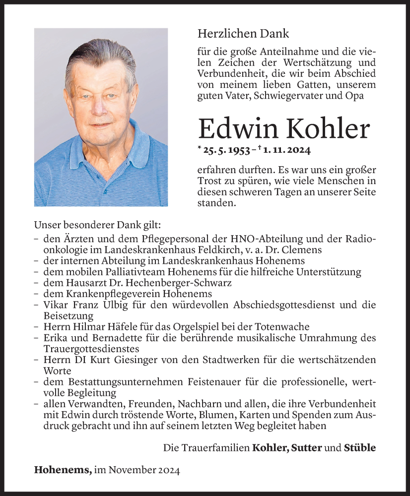  Todesanzeige für Edwin Kohler vom 24.11.2024 aus Vorarlberger Nachrichten