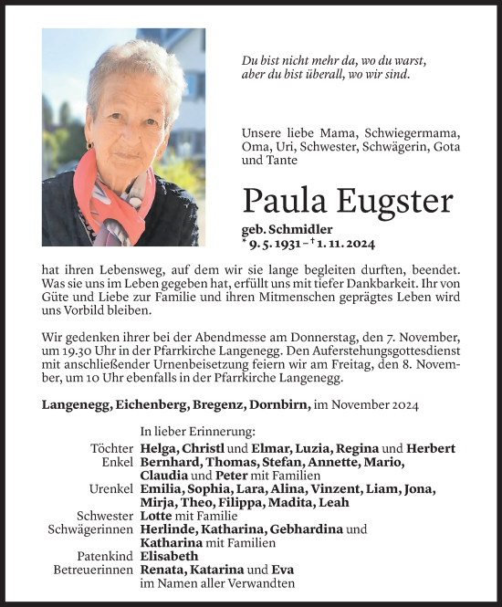 Todesanzeige von Paula Eugster von Vorarlberger Nachrichten