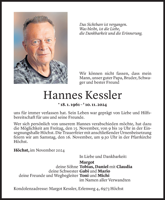 Todesanzeige von Hannes Kessler von Vorarlberger Nachrichten