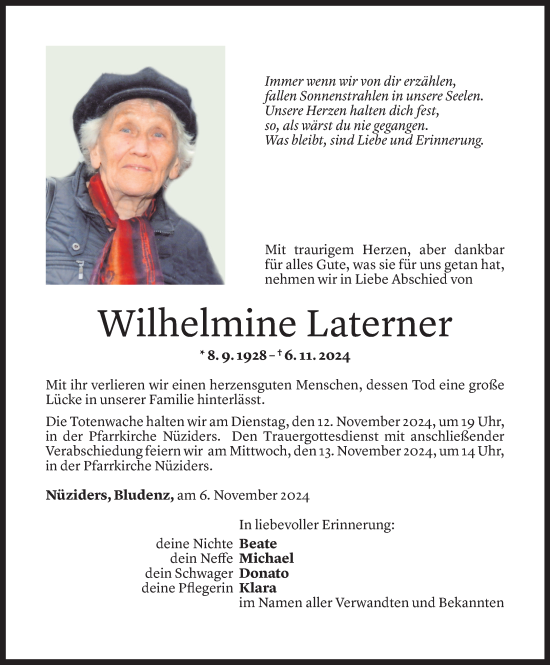 Todesanzeige von Wilhelmine Laterner von Vorarlberger Nachrichten