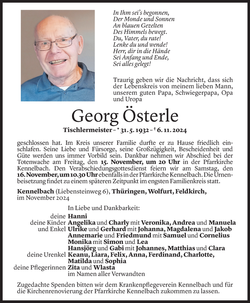  Todesanzeige für Georg Österle vom 08.11.2024 aus Vorarlberger Nachrichten