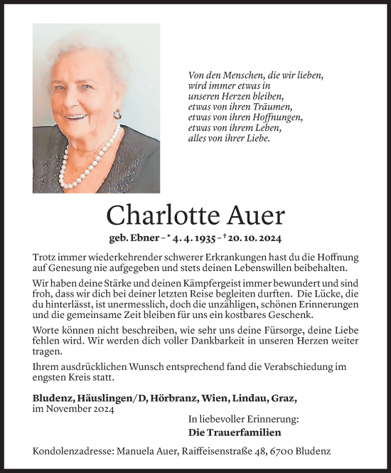 Todesanzeige von Charlotte Auer von Vorarlberger Nachrichten