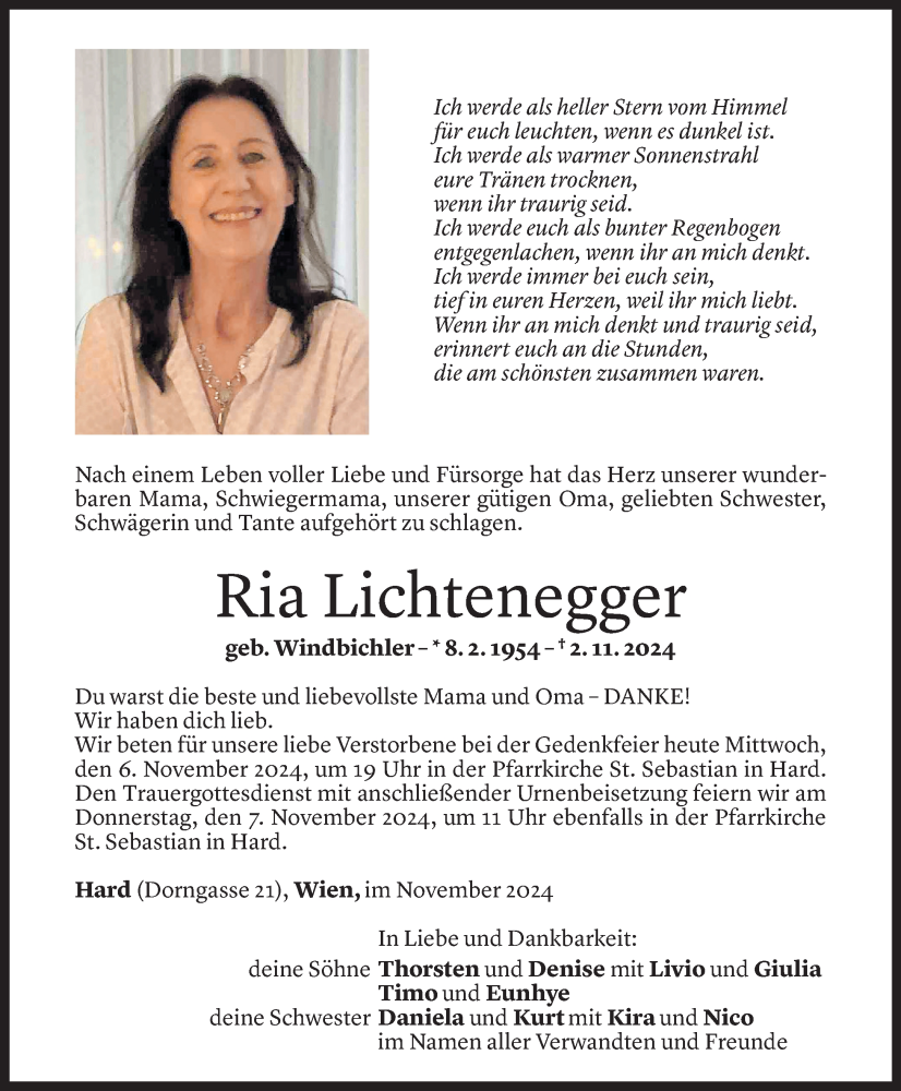  Todesanzeige für Ria Lichtenegger vom 05.11.2024 aus Vorarlberger Nachrichten