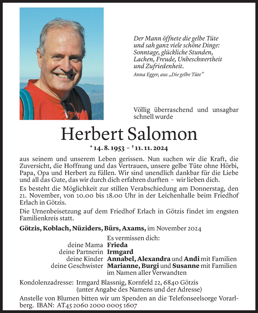  Todesanzeige für Herbert Salomon vom 18.11.2024 aus Vorarlberger Nachrichten