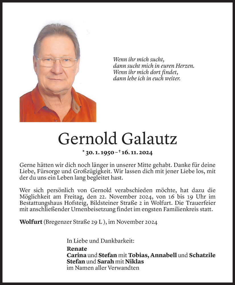  Todesanzeige für Gernold Galautz vom 19.11.2024 aus Vorarlberger Nachrichten