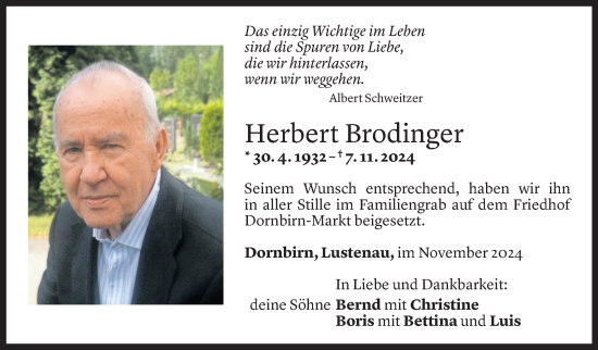 Todesanzeige von Herbert Brodinger von Vorarlberger Nachrichten