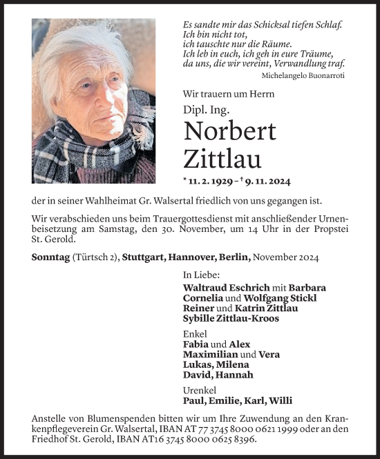 Todesanzeige von Norbert Zittlau von Vorarlberger Nachrichten