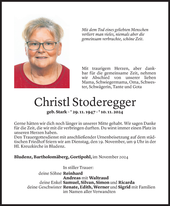 Todesanzeige von Christl Stoderegger von Vorarlberger Nachrichten