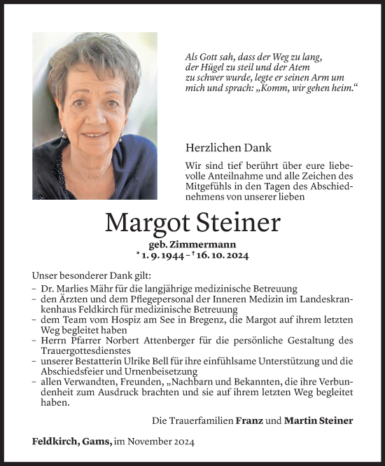 Todesanzeige von Margot Steiner von Vorarlberger Nachrichten